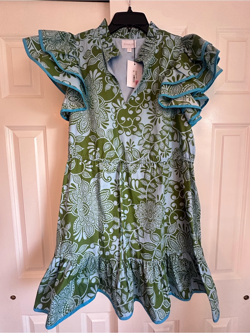 NWT Sugarlips Blue & Olive Floral Ruffle Sleeve Split Neck Mini Dress Size M